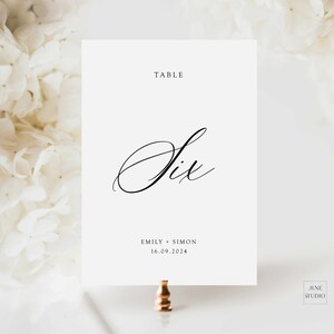Moderne bruiloft tabel nummer kaart teken sjabloon minimalistische tabel nummer elegante script moderne kalligrafie tabel teken bewerkbare tafelblad