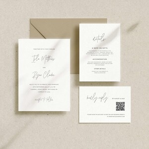 May include: A white wedding invitation suite with a minimalist design. The invitation features the names "Isla Matthews" and "Ryan Clarke" in elegant script. The RSVP card includes a QR code for guests to reply online.