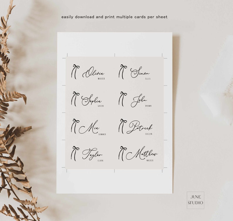 May include: Printable place cards with a simple bow design and names written in cursive. The names include Olivia Walker, Simon Ellis, Sophia Green, John Brown, Mia Summer, Patrick Sullivan, Taylor Clark, and Matthew Walker.