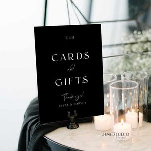 Plantilla de tarjeta de boda negra y letrero de regalo Monograma moderno Tarjeta minimalista editable y letrero de pozo de los deseos Letrero de mesa de regalo de recepción de boda