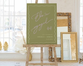 We're engaged Sign Hand lettered Engagement Party Wedding Welcome Sign Digital Template Modern Wavy Wedding Welcome Sign Editable Squiggle