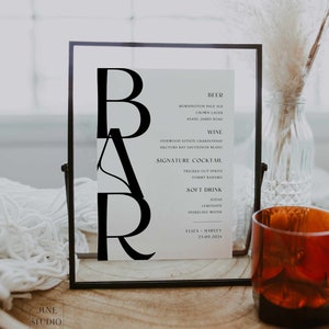 Minimalist Wedding Bar Menu Sign Template Editable Drinks Signage Open Bar Sign Wedding Table Sign Template DIY Drinks Menu Sign Unique