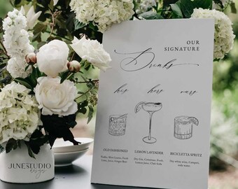 Anpassad bröllopsskylt med signaturdrinkar: Elegant cocktailbarmenymall (digital nedladdning)