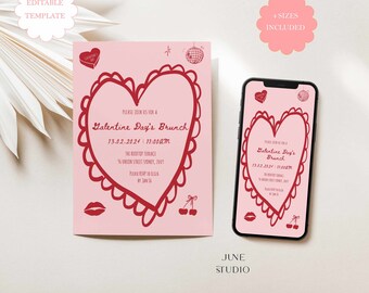 Puede incluir: Una invitación a un brunch del Día de San Valentín de color rosa y rojo con un diseño en forma de corazón. La invitación incluye la fecha, la hora y la ubicación del evento. El texto dice "Por favor, únase a nosotros para un brunch del Día de San Valentín 13.02.2024 11:00am The Rooftop Terrace 16 Union Street Sydney, 2001 Por favor, confirme su asistencia a Eliza antes del 14 de enero"