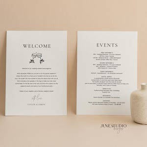 Note sur la pochette de bienvenue pour mariage, champagne imprimable, itinéraire de mariage minimaliste, programme du jour du mariage, insert de carte, sac-cadeau, modèle de lettre