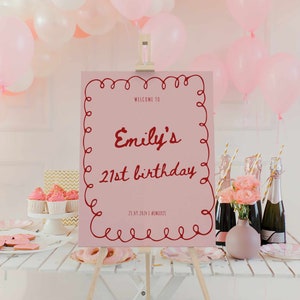 Hand drawn Birthday Welcome Sign Template Pink Red Whimsical Hand written adult birthday welcome sign Squiggle Border Unique Poster Editable