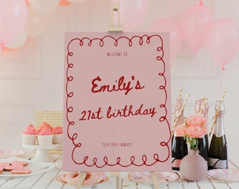 Whimsical Birthday Welcome Sign Template: Squiggle Pink Red (Editable, Printable)