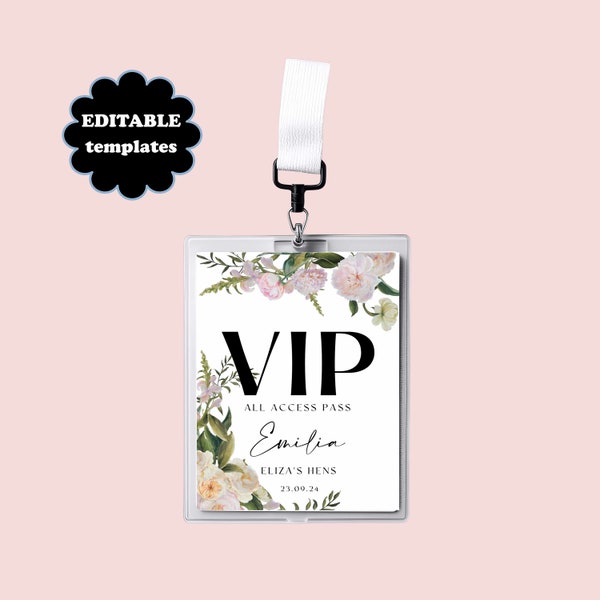 Party Lanyards Template Editable Hens Party VIP Pass Pastel Floral Modern Script Event Lanyard Bachelorette Party Lanyards Name Badge Eliza
