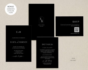 Black Wedding Invitation Bundle with QR Code: Modernist Monogram Wedding Invite Set (Editable Template< Printable)
