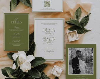 Vorlage für eine olivgrüne Hochzeitseinladung im europäischen Stil, inklusive Terminvormerkungen, QR-Code für Antwortkarte (digitaler Download, bearbeitbar) OLIVER