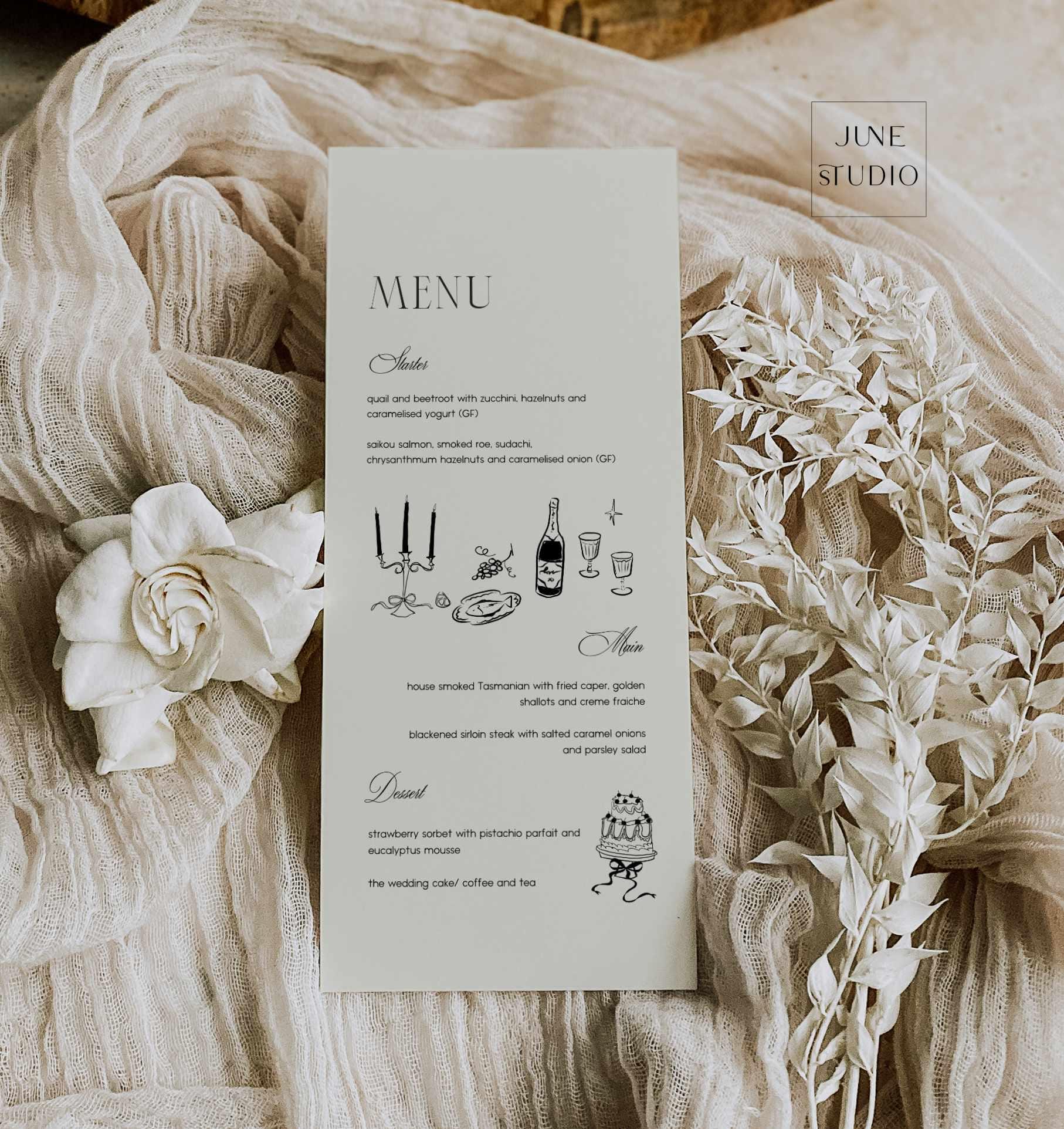 Modelo de cardápio de casamento, ilustração artística de jantar desenhada à mão, esboço de comida, vintage, glamouroso, dinheiro antigo, retrô, menu longo e alto, arco 4x9 editável