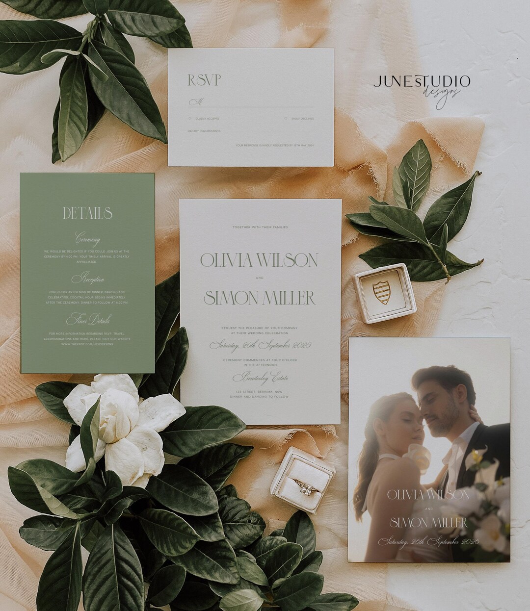 Elegant Sage Green Wedding Invitation Set: Photo Template (editable ...