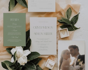 Hochzeitseinladungsset im Stil der alten Schule: Modernes Foto-Hochzeitseinladungsset in Salbeigrün, QR-Code-RSVP-Vorlage (bearbeitbar, digitaler Download) Blaire