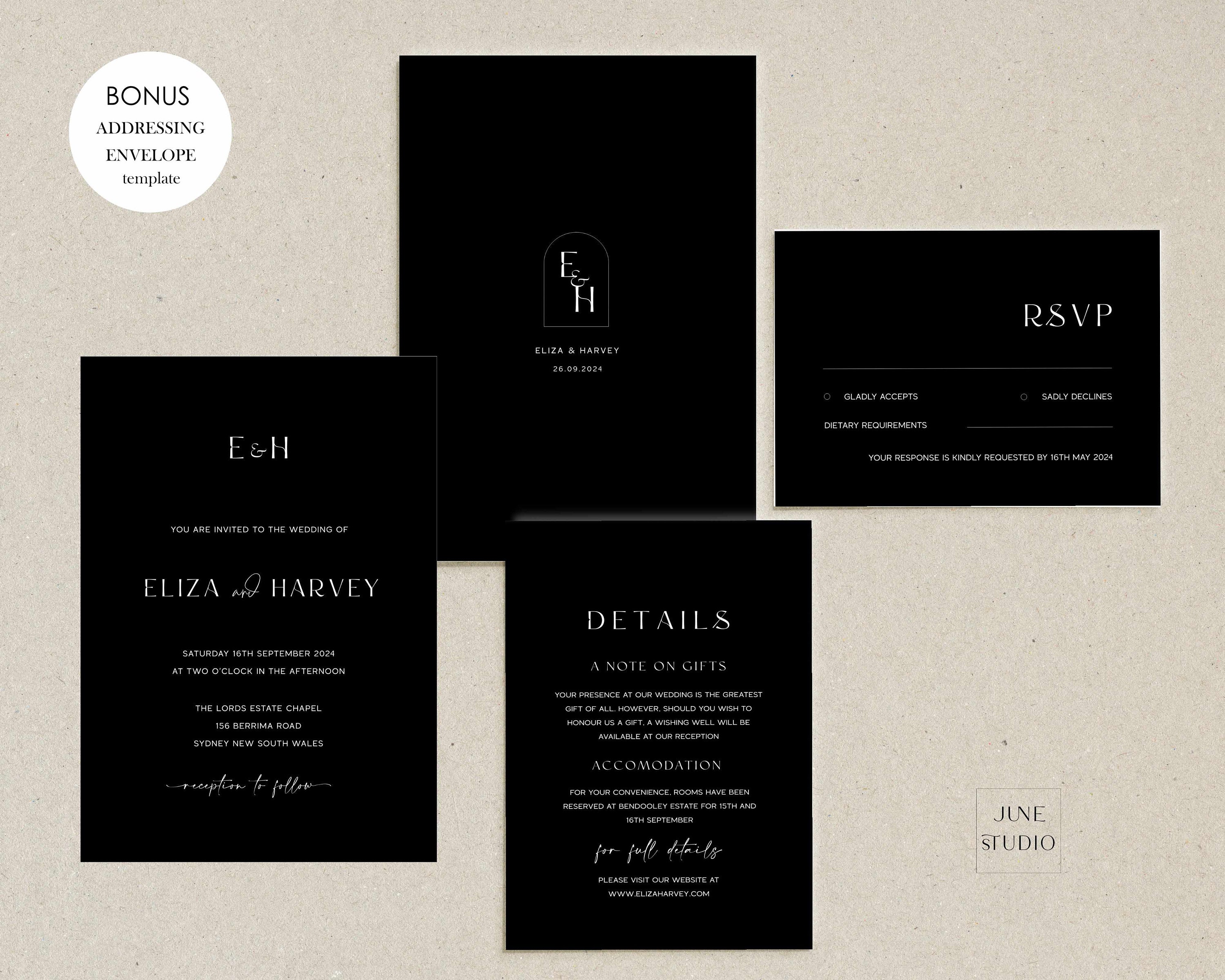 Black Wedding Invitation Bundle With QR Code: Modernist Monogram Wedding  Invite Set (editable Template\u003c Printable) - Etsy, image size:3000x2400