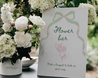 Bridal Shower Flower Bar Sign: Bloom Bar Pastel Floral Bouquet Illustrated Love is In Bloom Spring Themed (Editable Template, Printable)