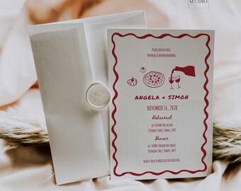 Einladung zum Probeessen mit Pizza, „That's Amore“-Brautparty, handgezeichnete, druckbare digitale Einladungsvorlage für den Hochzeitsabend, bearbeitbar