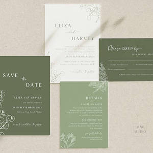 Sage Green Wedding Invitation Set Template  Eucalyptus Digital Download QR RSVP card Greenery Return Address RSVP Postcard Floral Line Art
