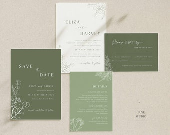 Sage Green Wedding Invitation Set Template  Eucalyptus Digital Download QR RSVP card Greenery Return Address RSVP Postcard Floral Line Art