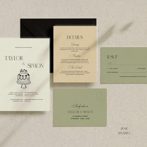 Modèle de suite de faire-part de mariage vieil argent dessiné main gâteau vintage illustré rétro moderne des années 90 ensemble d'invitations de mariage code QR carte RSVP JS02