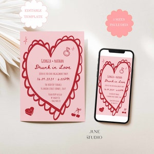 Valentine Engagement Party Invitation Template Funky Illustration Were Engaged Pink Red Engagement Party Invite Handwritten Whimsical