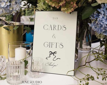 Cards and Gifts Wedding Sign Template Hand drawn Bow Vintage Inspired Typography Old Money Wedding Gift Table Signage Modern Retro ELEANOR