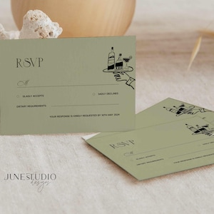 Modèle de carte de clôture de mariage vieil argent, carte RSVP rétro moderne vert sauge, carte d'insertion de mariage géniale dessinée à la main, code QR RSVP modifiable