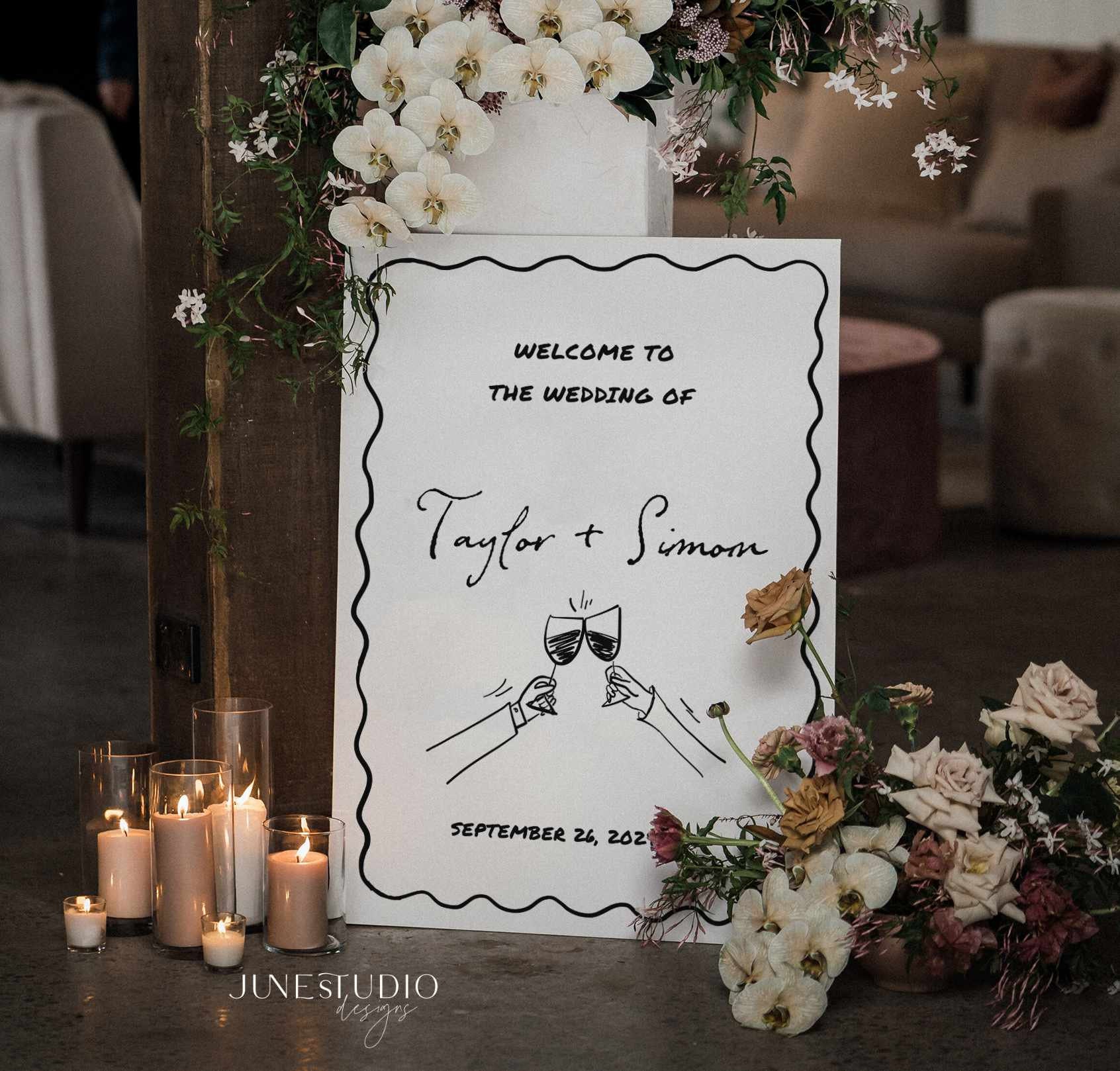 Cool Welcomesign Unique Wedding Welcome Sign Template: Illustrated Wavy Border (digital ...