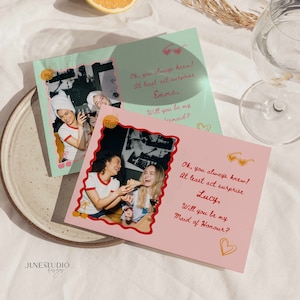 Wellenförmige Brautjungfer Vorschlag Karte mit Foto Vorlage Printable Squiggle Trendy Trauzeugin Matrone der Ehre Geschenkkarte Bunte Zicke du kanntest