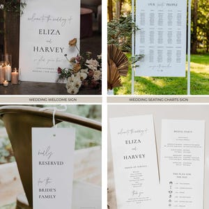 May include: A collection of wedding stationery items. Includes a welcome sign with the names "ELIZA and HARVEY", a seating chart, a reserved chair tag, and a wedding program. All items have a minimalist design with elegant typography.