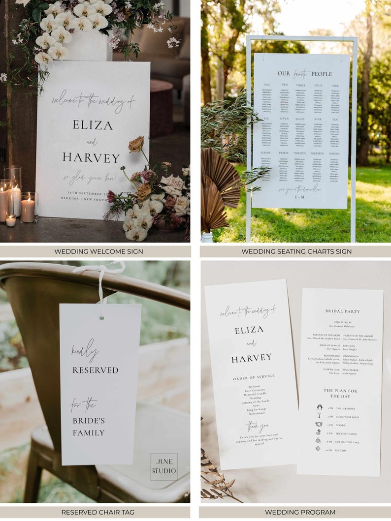 May include: A collection of wedding stationery items. Includes a welcome sign with the names "ELIZA and HARVEY", a seating chart, a reserved chair tag, and a wedding program. All items have a minimalist design with elegant typography.