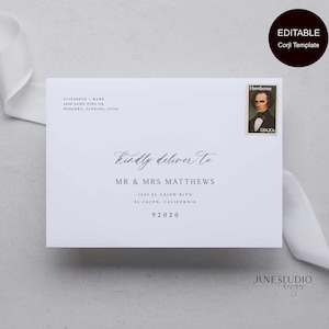 Puede incluir: Un sobre blanco con caligrafía elegante, dirigido a Sr. y Sra. Matthews. El sobre incluye un sello postal vintage y el texto «Kindly deliver to». El diseño es simple y clásico, perfecto para invitaciones de boda.
