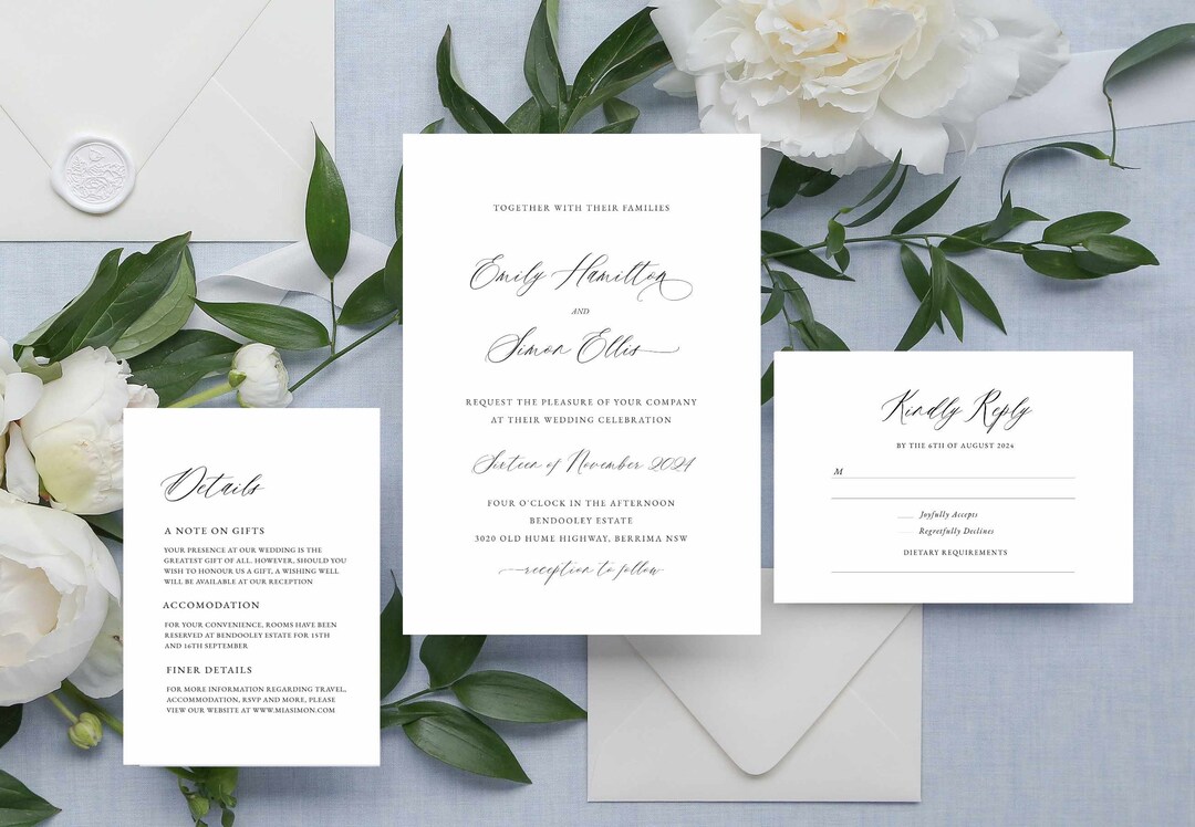 Minimal Wedding Invitation Set Template QR Code RVPS Modern Calligraphy ...
