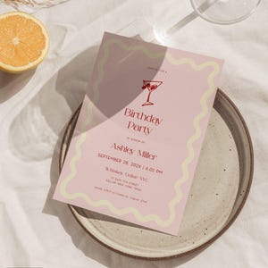 Wavy Birthday Invitation Template Hand drawn Pink Red Whimsical Modern Adult Birthday Invite Scallop Border 20, 21, 25, 30, 35, 40 birthday