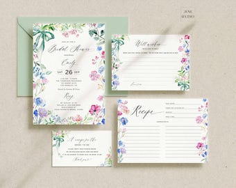 Elegant Bridal Shower Invitation Set: Watercolor Wild Flowers Wedding Shower Invite Recipe and Request Card (Digital Template, Editable)
