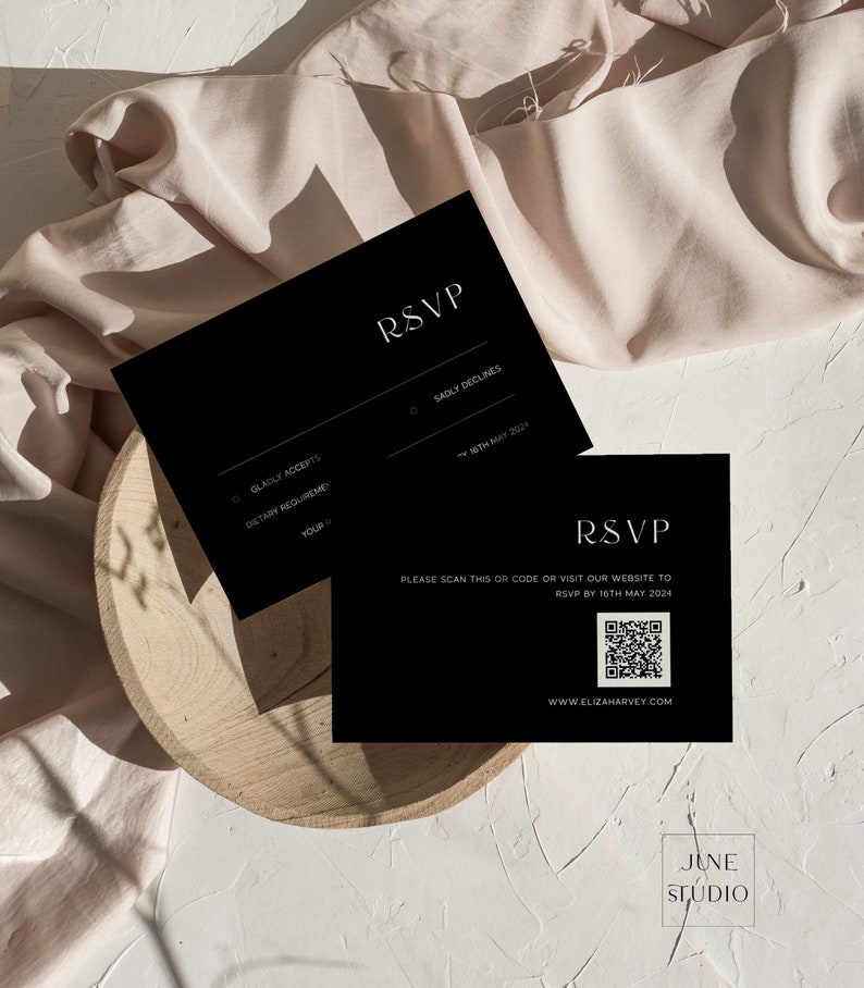 Minimalist Monogram Black Wedding Invitation Set Template Editable ...