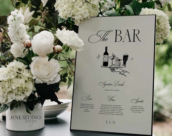 Modello di insegna per bar da matrimonio in stile "Old Money": menù di bevande retrò disegnato a mano (stampabile e modificabile)