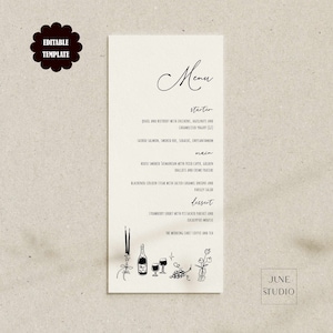Plantilla de menú de boda dibujada a mano, menú de compromiso glamoroso vintage, tablero de menú de boda con ilustración divertida, menú de despedida de soltera caprichoso para cumpleaños