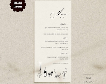 Handwritten Wedding Menu Template: Whimsical Hand-Drawn Guest Reception Menu Illustrated Food Rehearsal Dinner (Digital, Editable) GRETTA