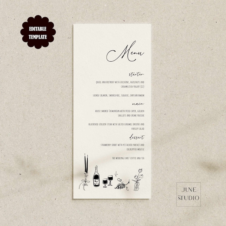 May include: A black and white menu template with a handwritten font. The menu lists a starter, main course, dessert, and the wedding cake, coffee, and tea. The menu is decorated with a simple illustration of wine glasses, a bottle of wine, candles, and grapes.