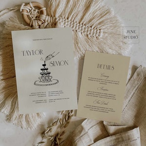 Conjunto de invitaciones de boda de estilo clásico: Conjunto de invitaciones de boda retro con código QR, confirmación de asistencia y diseño de torre de champán (plantilla digital, imprimible) Eleanor imagen 5