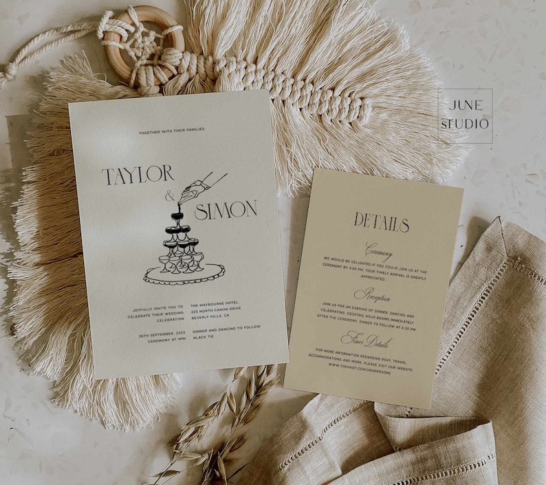 Conjunto de invitaciones de boda de estilo clásico: Conjunto de invitaciones de boda retro con código QR, confirmación de asistencia y diseño de torre de champán (plantilla digital, imprimible) Eleanor imagen 5