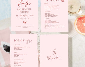 Hand-Drawn Bachelorette Weekend Itinerary Invitation Template: Pink & Red Fun Bow Destination Party Invite (Editable, Printable)