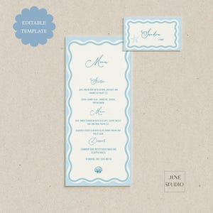 Conjunto de cardápio de casamento ondulado + modelo de cartão de lugar, desenhado à mão, com tema de oceano, ilustrado, praia, conchas do mar, tenda, cartão de nome dobrado, escolha de refeição