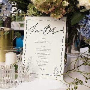 Bar Menü Zeichen Hochzeitsvorlage Handgezeichnete die Bar Benutzerdefinierte Hochzeit Getränkekarte Verlobung Beschilderung Getränkekarte Cocktail druckbare Schild bearbeitbar