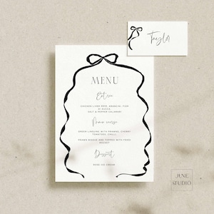 Menú con tarjeta de lugar y lazo, lazo de cinta negra, menú personalizable para despedida de soltera, menú imprimible para cumpleaños, menú editable para baby shower, lazo BB01