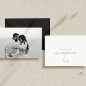 Hochzeitsfoto-Dankeschön-Kartenvorlage, Landschaft, modernes Skript, bearbeitbar, minimalistisches Foto, Hochzeit, einfaches Boho-Dankesschreiben, druckbare ISLA