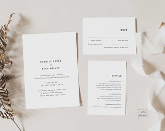 Ensemble de modèles de faire-part de mariage minimalistes avec RSVP et carte de détails Suite de faire-part de mariage modifiable