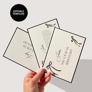 Plantilla de tarjeta de propuesta de dama de honor moderna Lazo negro Imprimible Cinta minimalista Tarjeta de propuesta Sé mi dama de honor Regalo Lujo Editable Digital