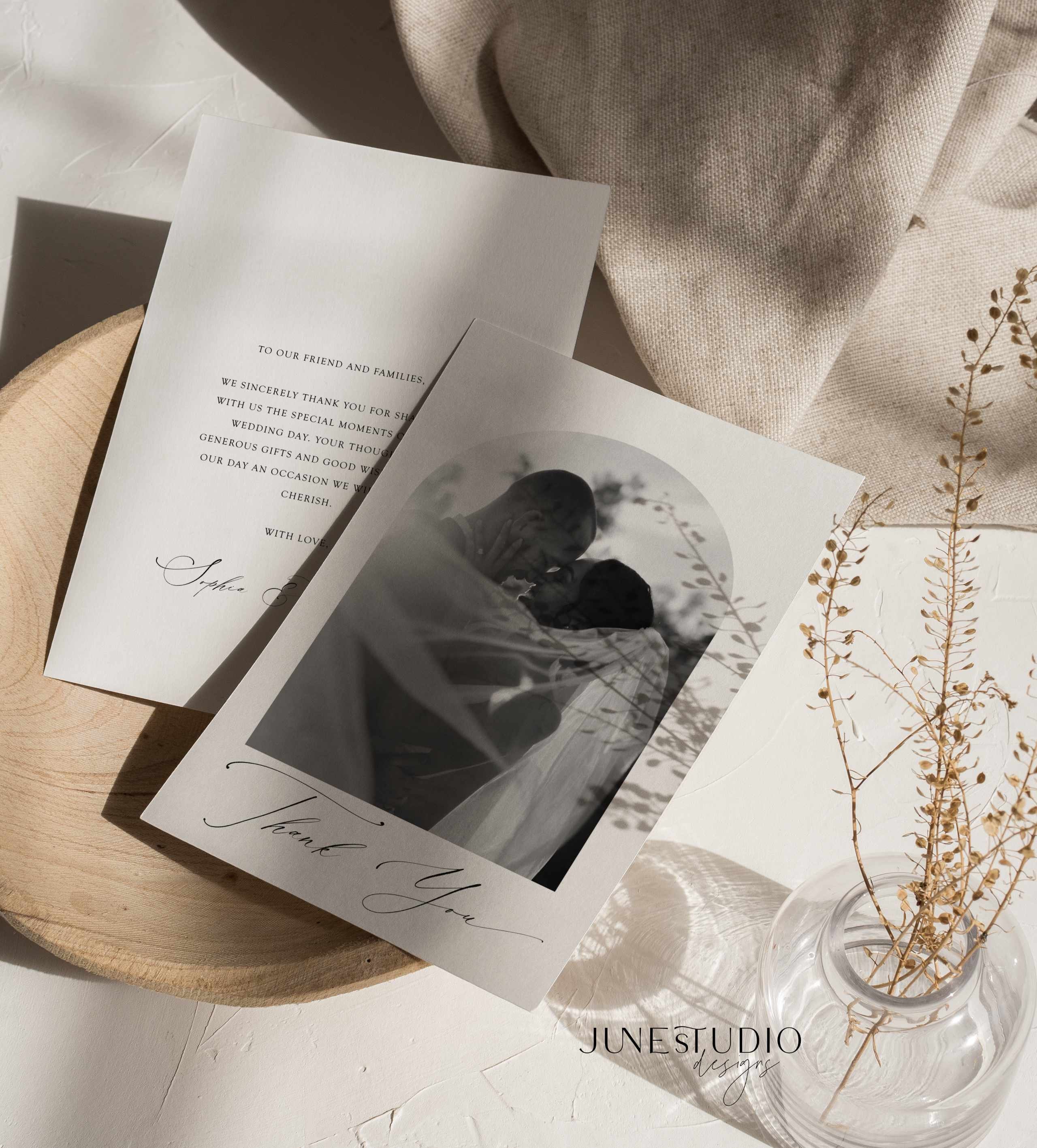 Minimalist Wedding Photo Thank You Card Template Editable Modern Arch ...
