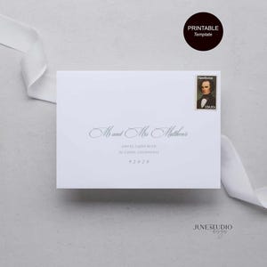 May include: A white envelope with the names "Mr and Mrs Matthews" in elegant script. The envelope includes an address and a "Hawthorne USA 20" stamp. A black circle with "PRINTABLE Template" is in the upper right corner.